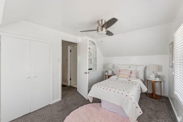 2353 E Logan Cir, Salt Lake City, UT 84108 - carpeted bedroom featuring lofted ceiling, multiple windows, a ceiling fan, and a closet