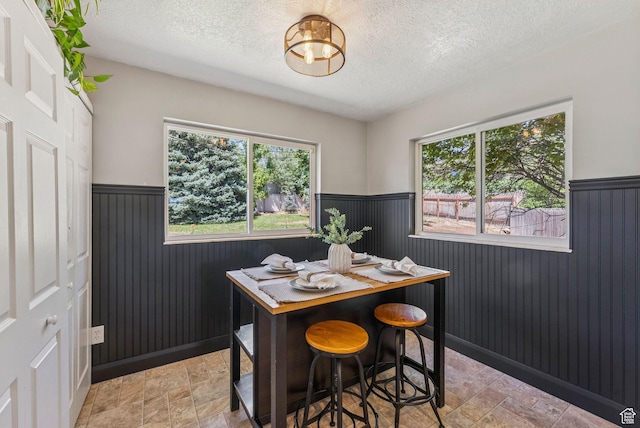 2353 E Logan Cir, Salt Lake City, UT 84108 - dining space featuring a wainscoted wall, stone finish floors, a textured ceiling, plenty of natural light, and a chandelier