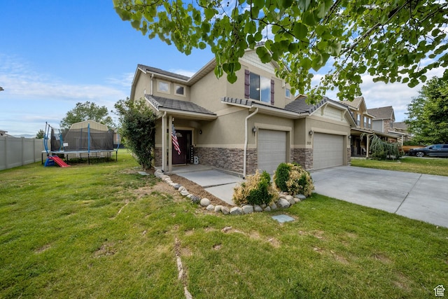 202 S 2035 W, Lehi, UT 84043 - view of front of property featuring a trampoline, stucco siding, an attached garage, concrete driveway, and stone siding