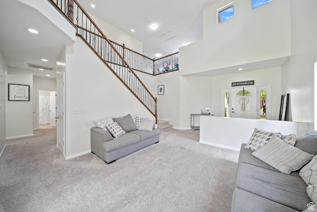202 S 2035 W, Lehi, UT 84043 - carpeted living area featuring a high ceiling, stairway, and recessed lighting