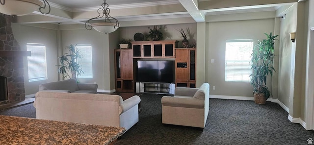 1195 W Dallin Dr Unit R-201, Pleasant Grove, UT 84062 - living area featuring coffered ceiling, carpet floors, beamed ceiling, crown molding, and a stone fireplace