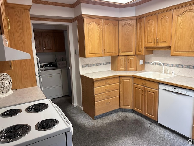 1780 W Homestead Farms Ln S Unit 2, West Valley City, UT 84119 - kitchen featuring white appliances, range hood, light countertops, ornamental molding, and dark carpet