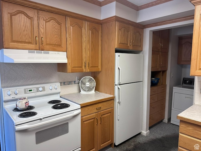 1780 W Homestead Farms Ln S Unit 2, West Valley City, UT 84119 - kitchen with white appliances, under cabinet range hood, washer / dryer, light countertops, and decorative backsplash