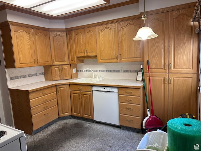 1780 W Homestead Farms Ln S Unit 2, West Valley City, UT 84119 - kitchen with white appliances, light countertops, decorative backsplash, dark colored carpet, and pendant lighting