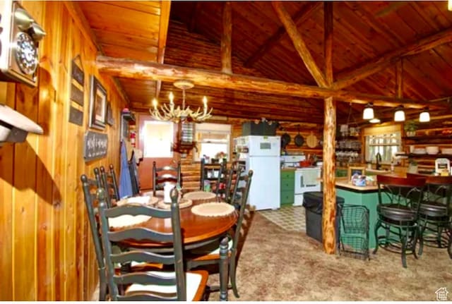 260 E Jensen Trl, Hatch, UT 84735 - dining area featuring wood ceiling, plenty of natural light, carpet, wooden walls, and a chandelier