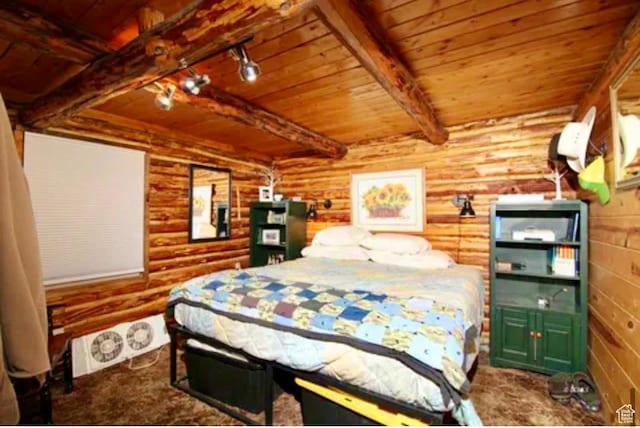 260 E Jensen Trl, Hatch, UT 84735 - bedroom with a wood ceiling with exposed beams, log walls, carpet flooring, and rail lighting
