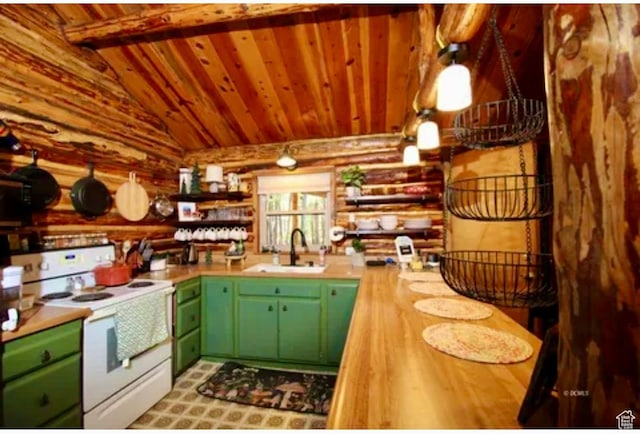 260 E Jensen Trl, Hatch, UT 84735 - kitchen featuring electric stove, rustic walls, lofted ceiling, green cabinets, and wooden ceiling
