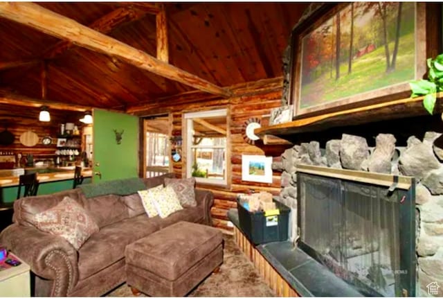 260 E Jensen Trl, Hatch, UT 84735 - living area with wooden ceiling, log walls, and a stone fireplace