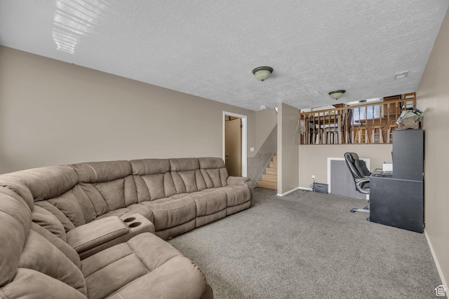3820 Foxglen Dr, Roy, UT 84067 - carpeted living room featuring stairs, a textured ceiling, and an office area