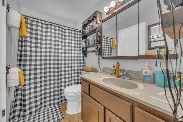3820 Foxglen Dr, Roy, UT 84067 - bathroom with vanity, wood finished floors, and a shower with curtain