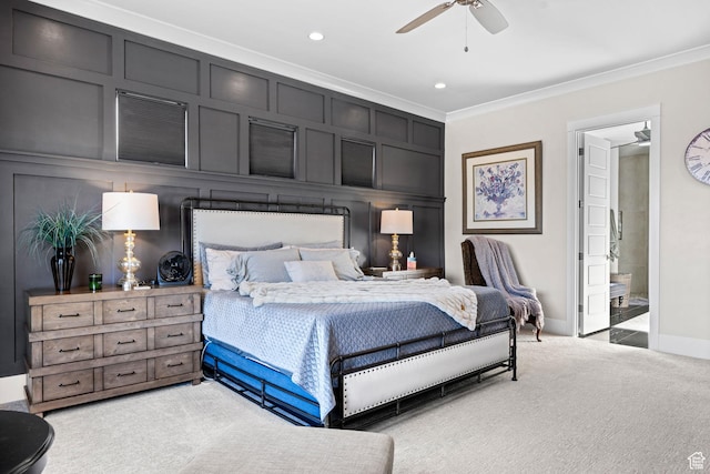 2918 E Willow Tree Ln, St George, UT 84790 - bedroom featuring crown molding, light carpet, recessed lighting, ceiling fan, and connected bathroom