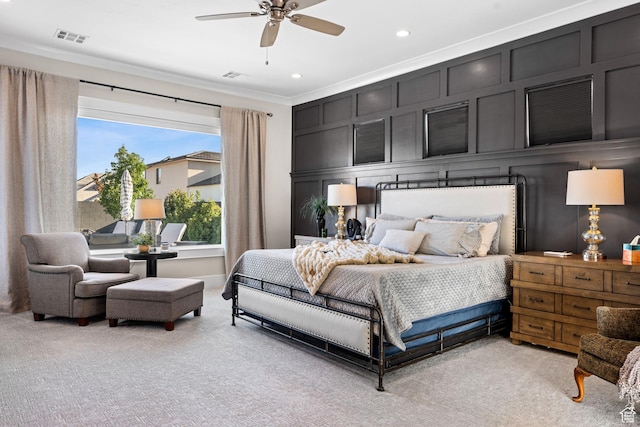 2918 E Willow Tree Ln, St George, UT 84790 - bedroom with light colored carpet, crown molding, recessed lighting, and ceiling fan