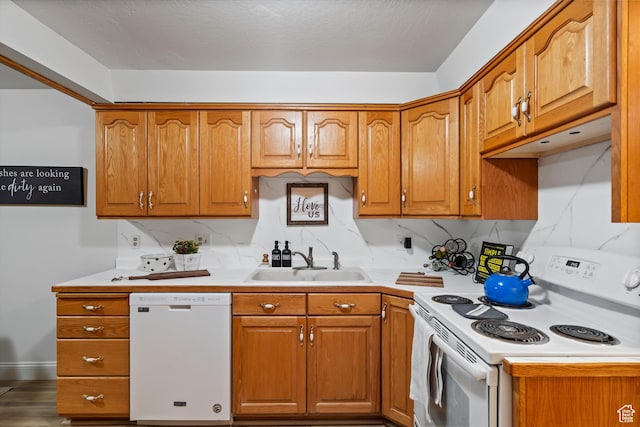 5430 S 850 E, South Ogden, UT 84405 - kitchen featuring white appliances, light countertops, decorative backsplash, and brown cabinetry