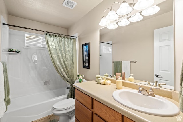 2265 N 515 E, North Ogden, UT 84414 - bathroom featuring shower / bath combo, vanity, a chandelier, and tile patterned flooring