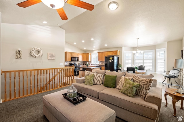 2265 N 515 E, North Ogden, UT 84414 - living area featuring carpet, a chandelier, a ceiling fan, recessed lighting, and vaulted ceiling