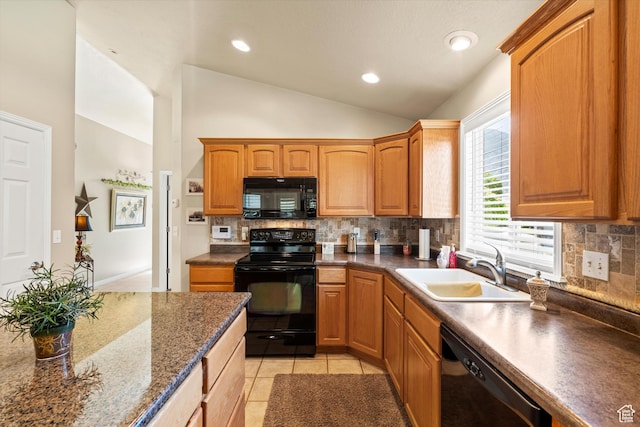 2265 N 515 E, North Ogden, UT 84414 - kitchen with black appliances, vaulted ceiling, tasteful backsplash, light tile patterned floors, and recessed lighting