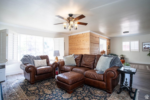 129 N 100 E, Ephraim, UT 84627 - living area featuring a ceiling fan, crown molding, wood finished floors, and wood walls