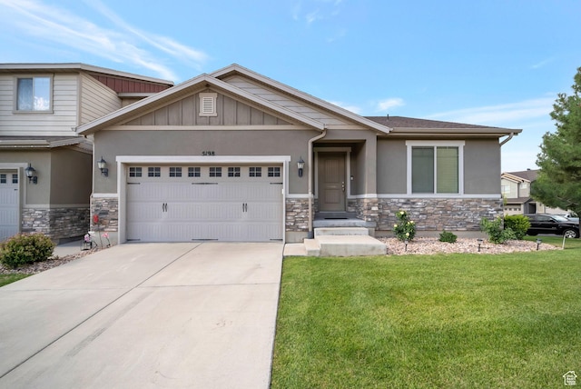 5198 W Courtly Ln, Herriman, UT 84096 - craftsman house with stone siding, a front lawn, an attached garage, driveway, and stucco siding