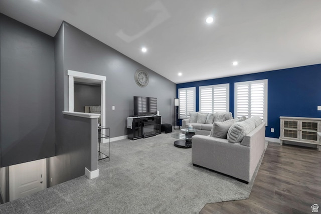 5198 W Courtly Ln, Herriman, UT 84096 - living room with vaulted ceiling, recessed lighting, and wood finished floors