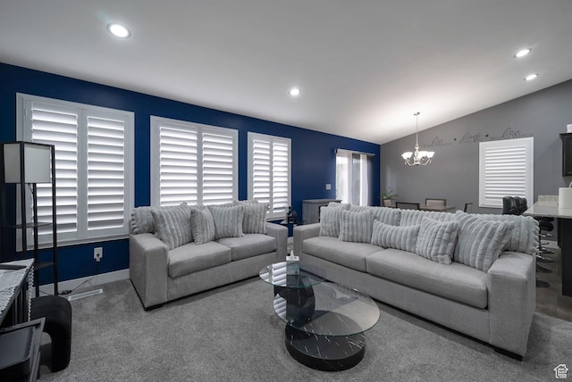 5198 W Courtly Ln, Herriman, UT 84096 - carpeted living room featuring a chandelier, recessed lighting, and lofted ceiling
