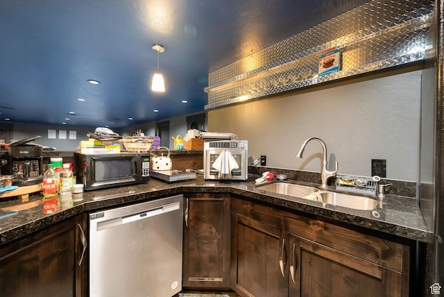 5198 W Courtly Ln, Herriman, UT 84096 - kitchen featuring dishwasher, black microwave, dark stone counters, dark brown cabinets, and pendant lighting