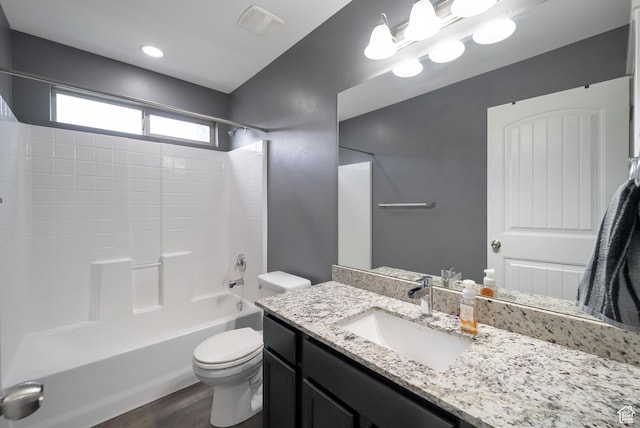 5198 W Courtly Ln, Herriman, UT 84096 - bathroom with vanity, wood finished floors, and shower / bathtub combination