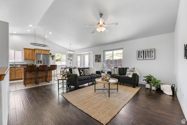 6228 S Waller Ln, West Jordan, UT 84081 - living room featuring lofted ceiling, ceiling fan, plenty of natural light, wood finished floors, and recessed lighting