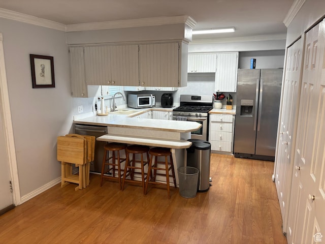 4208 S 4205 W, West Valley City, UT 84120 - kitchen featuring appliances with stainless steel finishes, light countertops, a peninsula, ornamental molding, and light wood finished floors