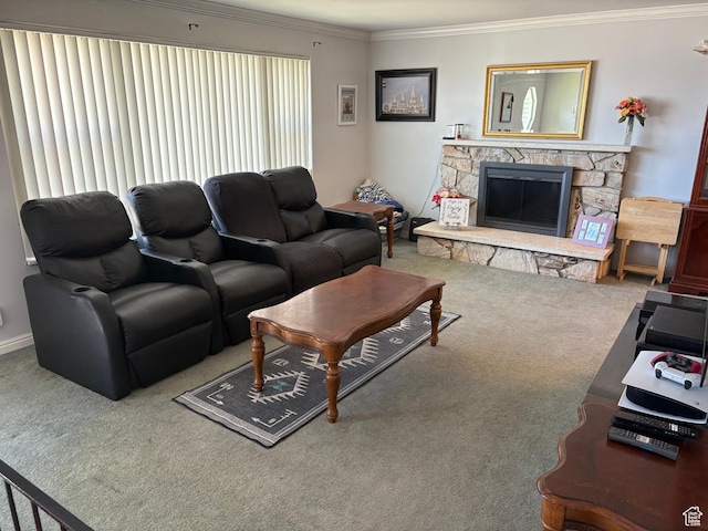 4208 S 4205 W, West Valley City, UT 84120 - carpeted living area featuring ornamental molding, a stone fireplace, and healthy amount of natural light
