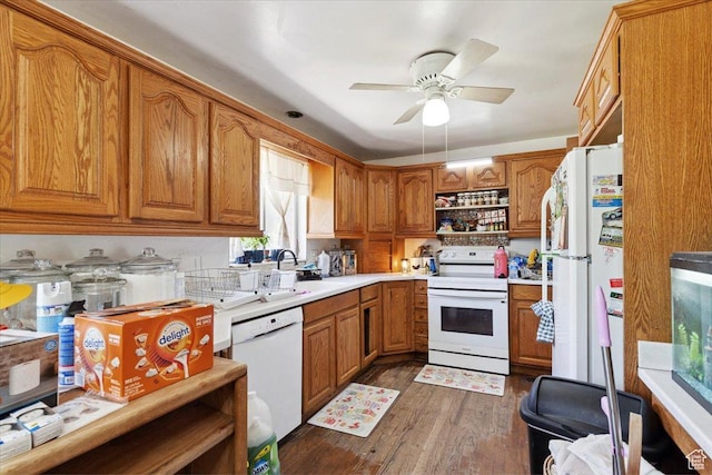 2262 W 2300 N, Clinton, UT 84015 - kitchen featuring white appliances, brown cabinets, a ceiling fan, and open shelves