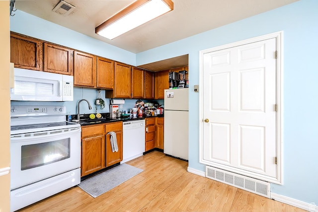 471 E 600 N Unit 4, Provo, UT 84606 - kitchen featuring white appliances, brown cabinetry, dark countertops, and light wood-type flooring