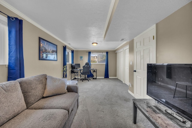 1834 N 200 E, Centerville, UT 84014 - carpeted living area with a desk, a textured ceiling, and ornamental molding