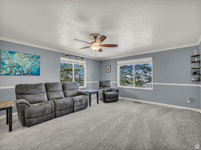 1834 N 200 E, Centerville, UT 84014 - carpeted living area with ceiling fan, a textured ceiling, and ornamental molding