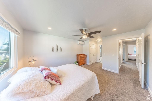 788 E 8230 S, Sandy, UT 84094 - bedroom featuring multiple windows, light colored carpet, a wall mounted AC, recessed lighting, and a ceiling fan
