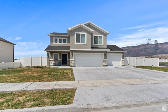 3380 W 3275 N, Plain City, UT 84404 - view of front of home featuring an attached garage, stone siding, a mountain view, stucco siding, and driveway