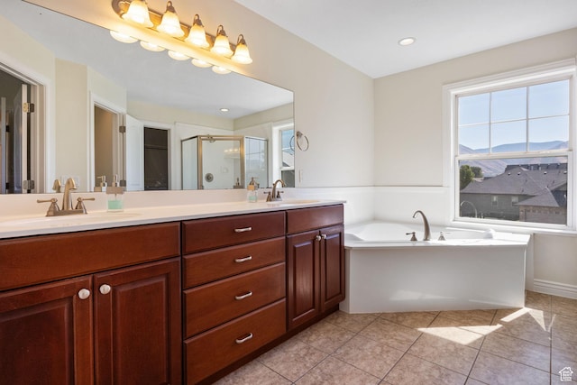 889 S Sego Lily Way, Mapleton, UT 84664 - bathroom with double vanity, a stall shower, a garden tub, tile patterned flooring, and recessed lighting