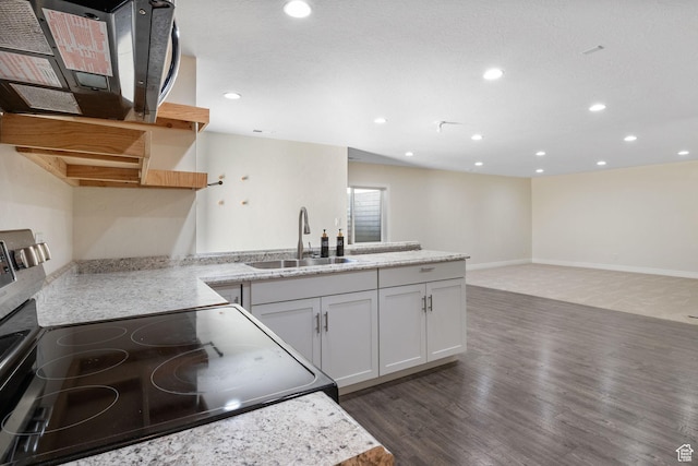 889 S Sego Lily Way, Mapleton, UT 84664 - kitchen with exhaust hood, stainless steel range with electric stovetop, a peninsula, recessed lighting, and dark wood-type flooring