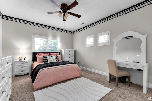 292 E Clubview Ln, Lehi, UT 84043 - bedroom with light colored carpet, multiple windows, a textured ceiling, ornamental molding, and a ceiling fan