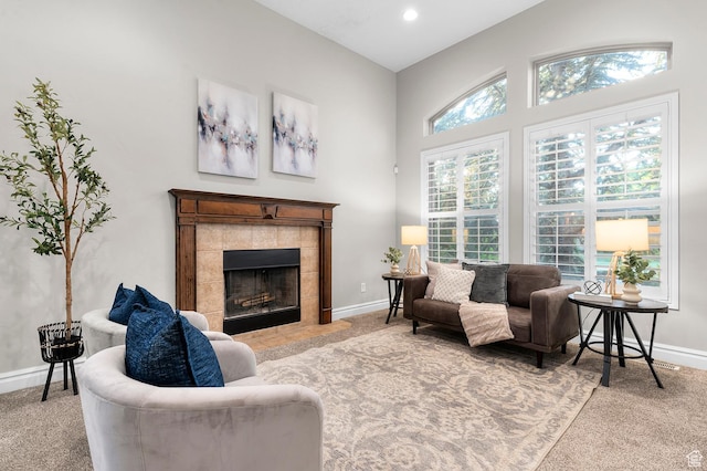 292 E Clubview Ln, Lehi, UT 84043 - living room featuring light carpet, a tile fireplace, and recessed lighting