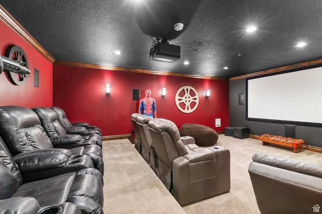 292 E Clubview Ln, Lehi, UT 84043 - carpeted home theater with ornamental molding, recessed lighting, and a textured ceiling