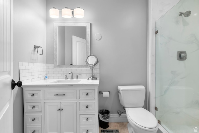 292 E Clubview Ln, Lehi, UT 84043 - full bath featuring backsplash, vanity, a shower stall, and tile patterned floors