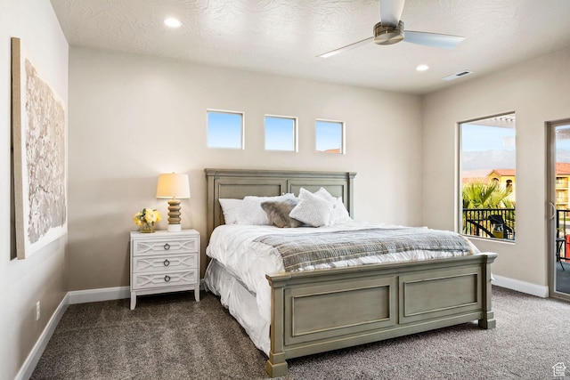 259 N 2020 W, Hurricane, UT 84737 - bedroom featuring access to exterior, dark carpet, multiple windows, recessed lighting, and ceiling fan