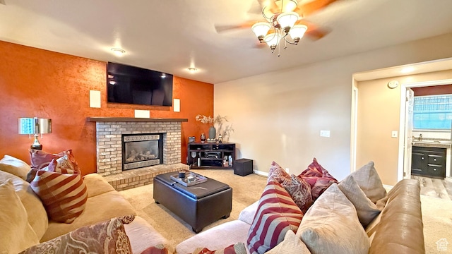11766 S Hidden Valley Rd E, Sandy, UT 84092 - living room with ceiling fan, carpet flooring, and a brick fireplace