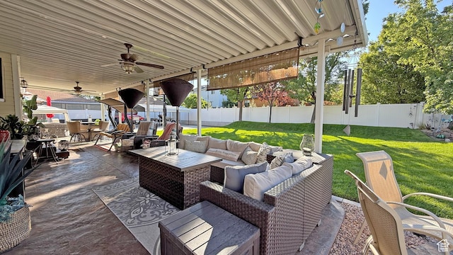 11766 S Hidden Valley Rd E, Sandy, UT 84092 - fenced backyard featuring an outdoor living space, a ceiling fan, outdoor dining space, and a patio
