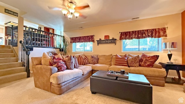 11766 S Hidden Valley Rd E, Sandy, UT 84092 - carpeted living area with ceiling fan, plenty of natural light, and stairs