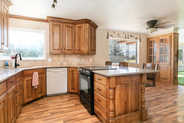 869 N 1600 E, Preston, ID 83263 - kitchen featuring dishwasher, electric range, a peninsula, light wood-type flooring, and crown molding