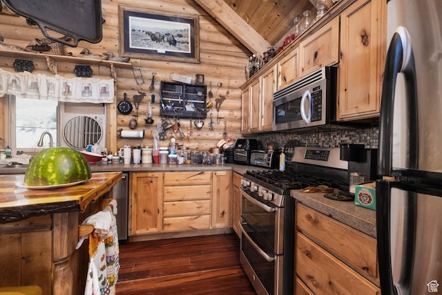 440 N Quarry Rd, Salina, UT 84654 - kitchen featuring stainless steel appliances, log walls, dark wood-type flooring, wood ceiling, and dark countertops