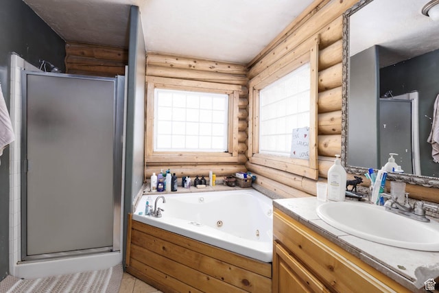 440 N Quarry Rd, Salina, UT 84654 - bathroom with log walls, a shower stall, vanity, and a whirlpool tub