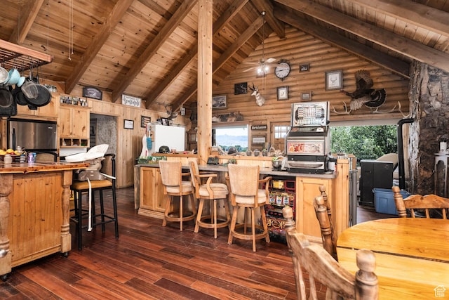 440 N Quarry Rd, Salina, UT 84654 - dining area featuring dark wood finished floors, high vaulted ceiling, rustic walls, and a wood ceiling with exposed beams