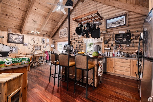 440 N Quarry Rd, Salina, UT 84654 - bar area featuring rustic walls, freestanding refrigerator, a wood ceiling with exposed beams, dark wood finished floors, and a ceiling fan